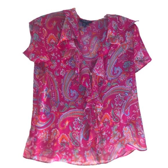 CHAPS Ralph Lauren Sheer Paisley Print Ruffle Flutter Sleeves Button Blouse 8 - Picture 1 of 16